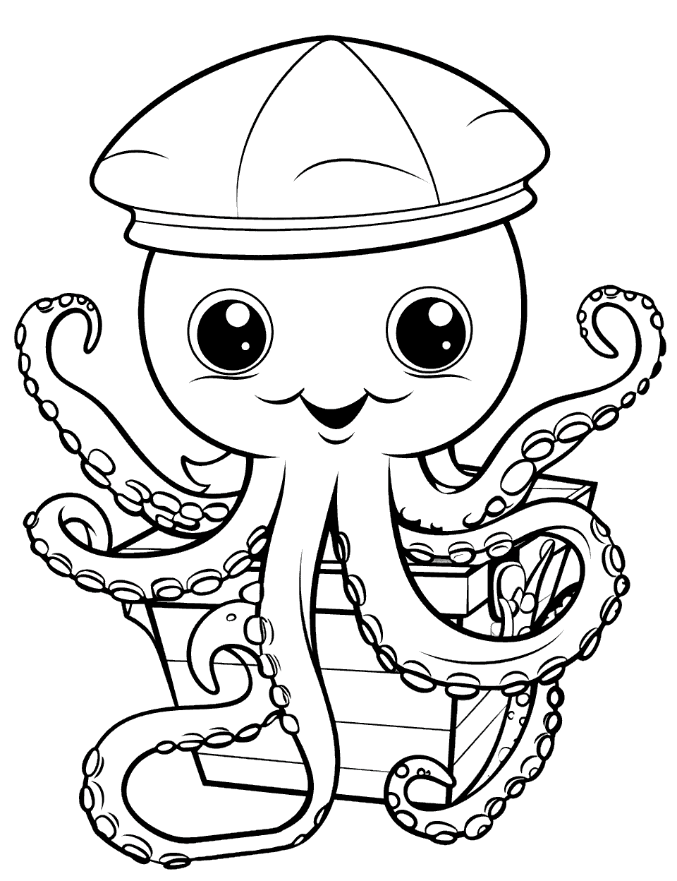 Octopus Pirate with Treasure Coloring Page - An octopus wearing a pirate hat, guarding a treasure chest.