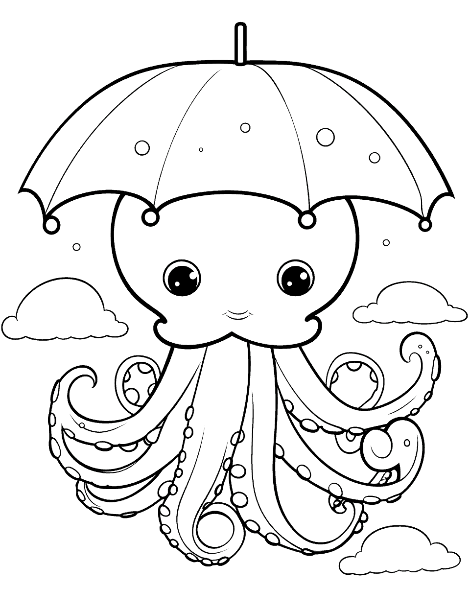 Umbrella Octopus Amongst the Clouds Coloring Page - A whimsical umbrella octopus floating in the sky with clouds around.