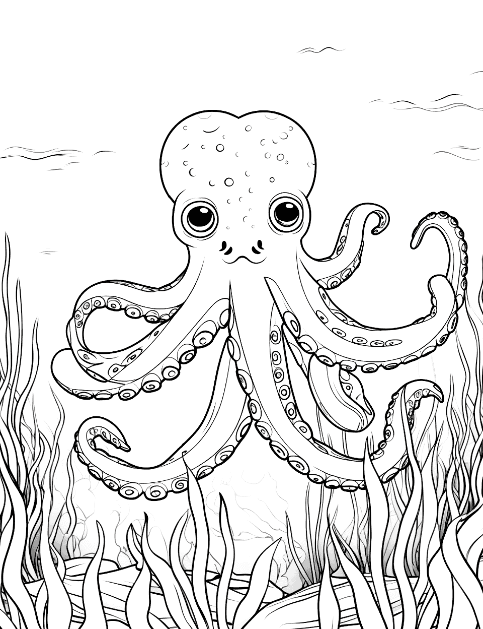 Common Octopus in a Garden of Seaweed Coloring Page - A common octopus trying to camouflage amongst tall seaweed.