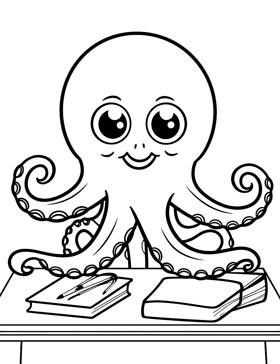 Cartoon Octopus in School Coloring Page - A cartoon-style octopus sitting at a desk in a classroom.