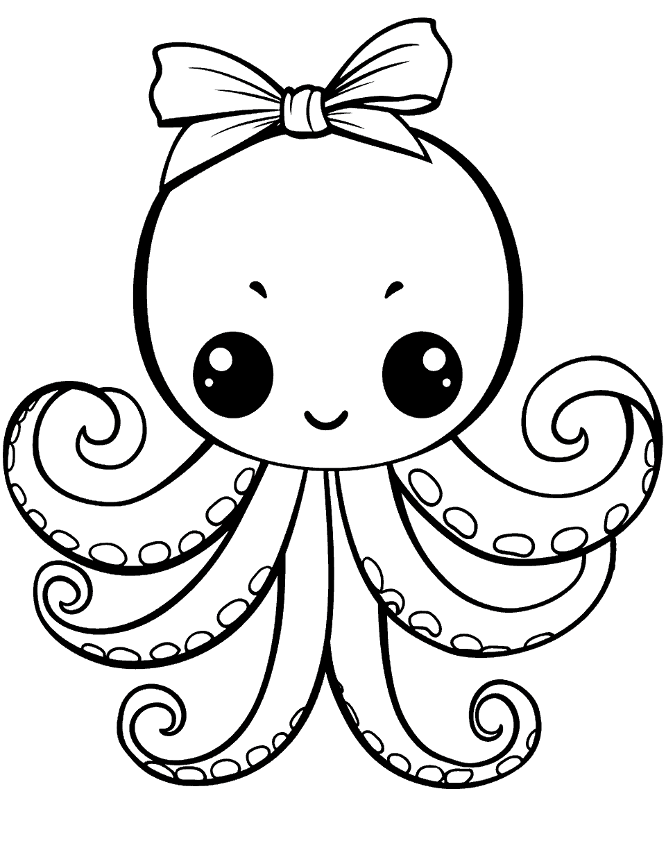 Kawaii Octopus with a Bow Coloring Page - A super cute kawaii-style octopus wearing a big bow on its head.