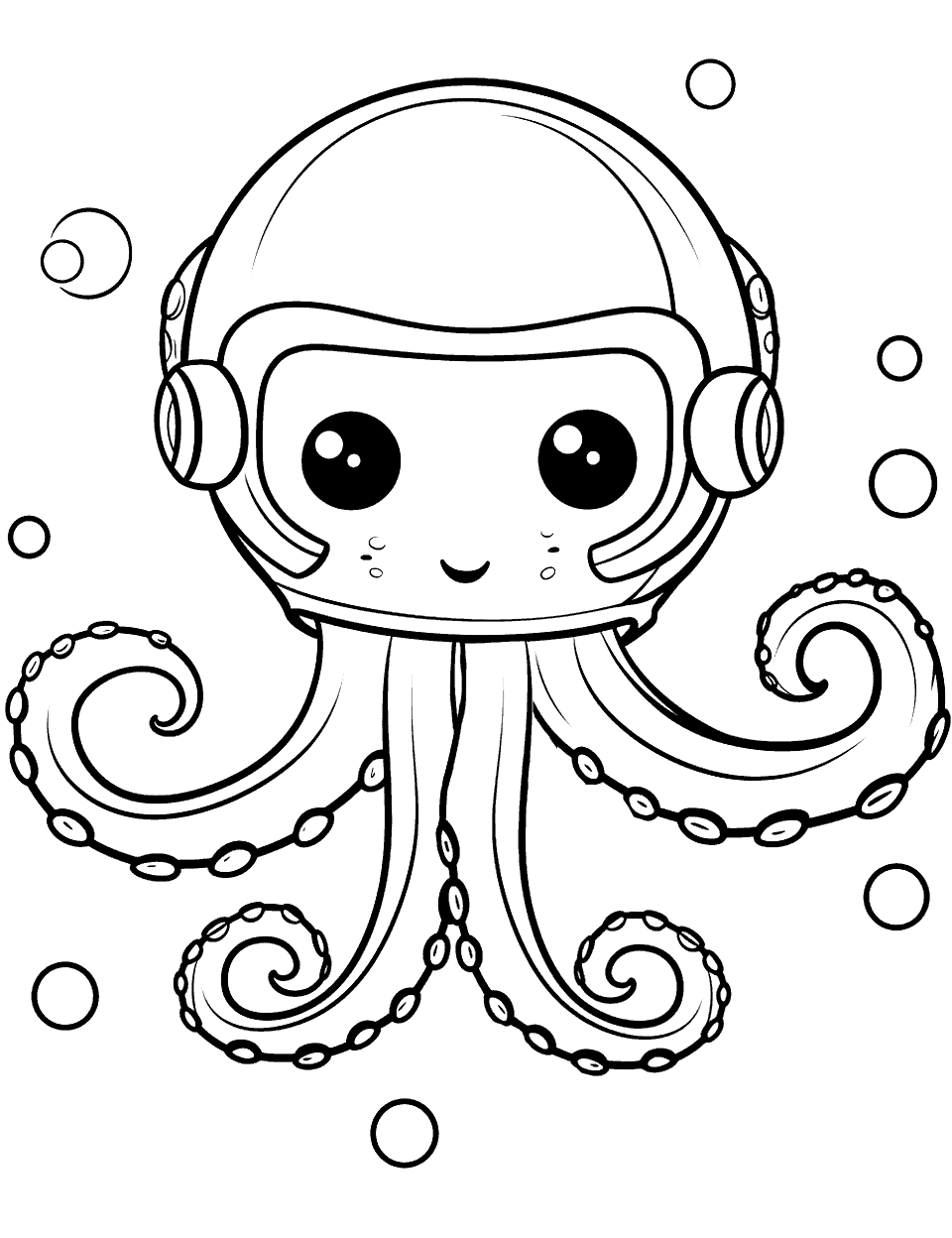 Octopus Astronaut in Space Coloring Page - An adventurous octopus in an astronaut helmet floating in space.