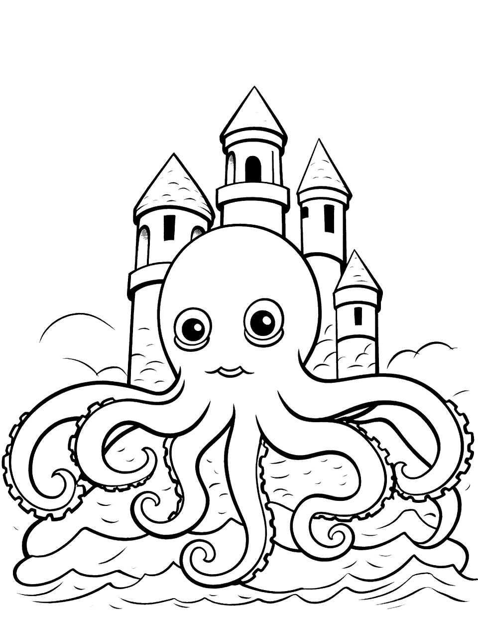 Octopus Building a Sandcastle Coloring Page - An octopus busy building a detailed sandcastle on the beach.