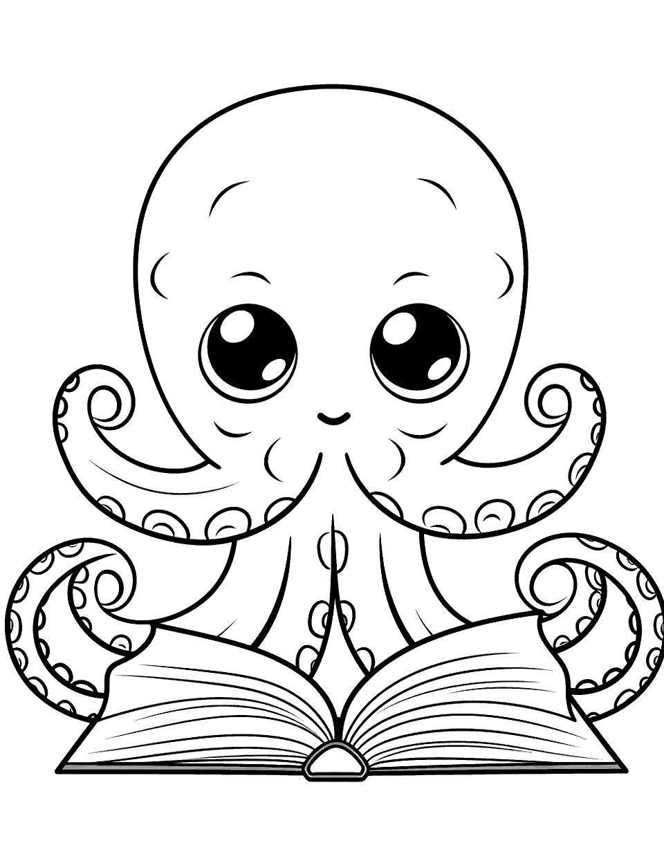 Octopus Reading a Book Coloring Page - An octopus engrossed in reading a large book.
