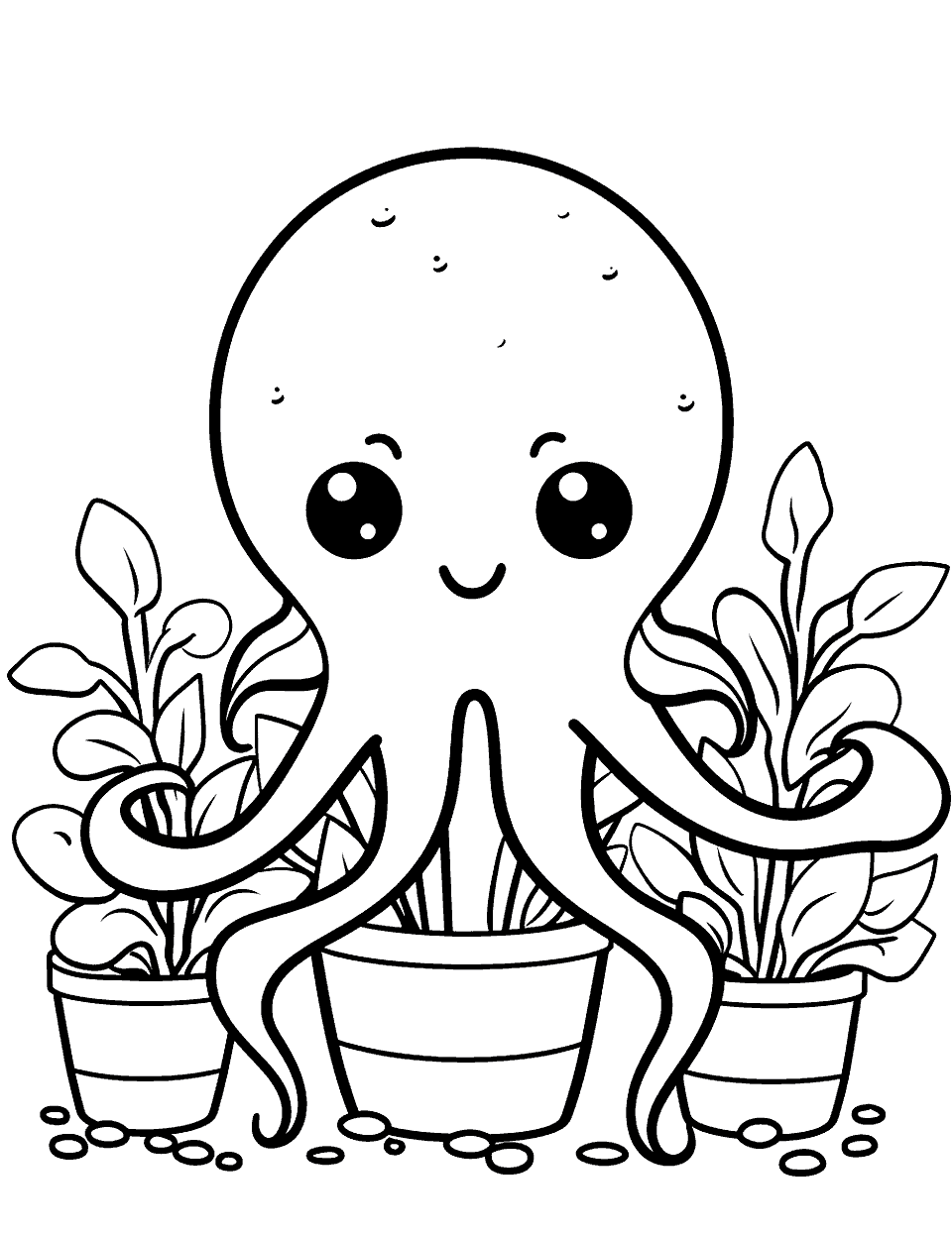 Gardening Octopus with Plants Coloring Page - An octopus happily gardening, surrounded by potted plants.