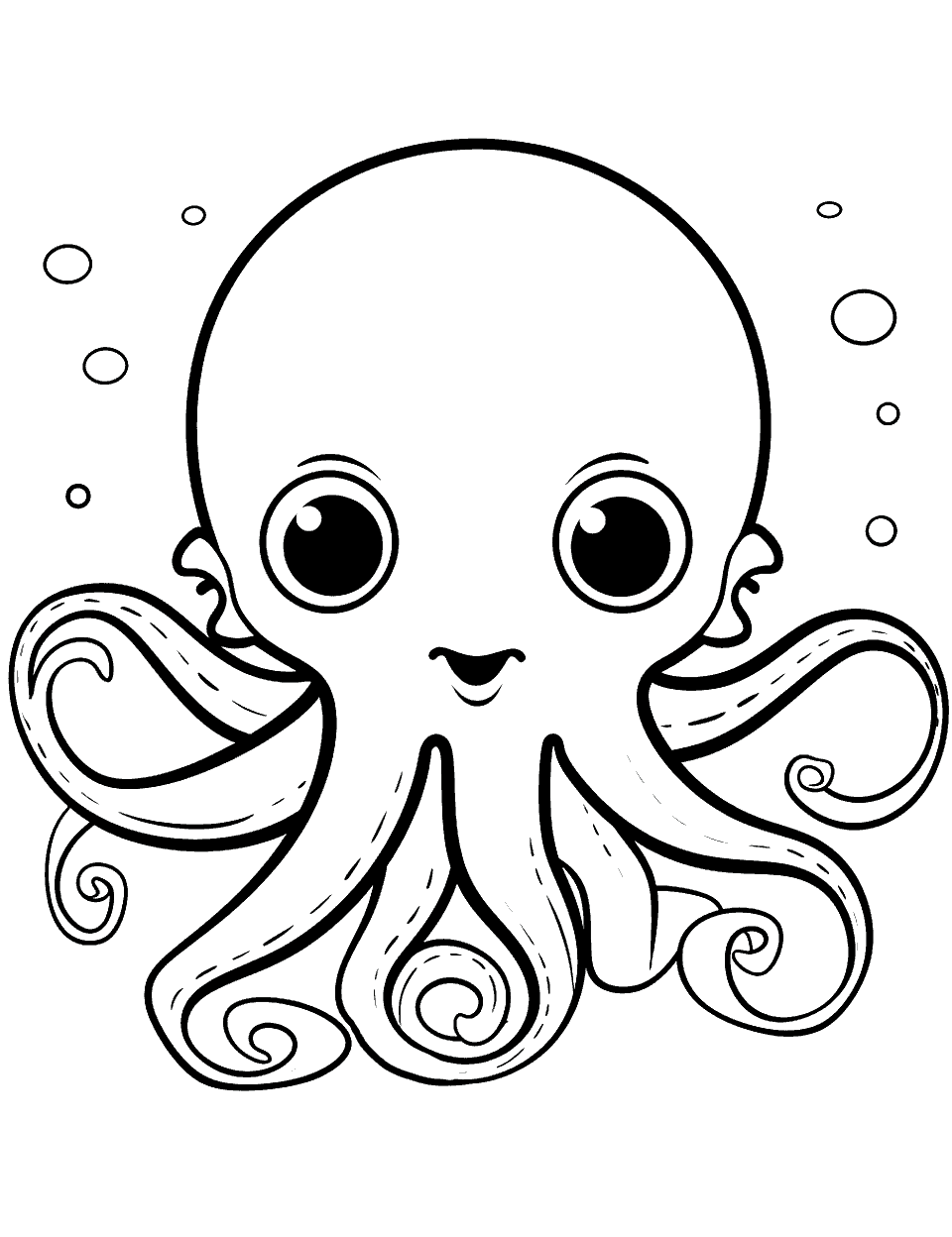 Baby Octopus Learning to Swim Coloring Page - A small, charming baby octopus happily swimming.