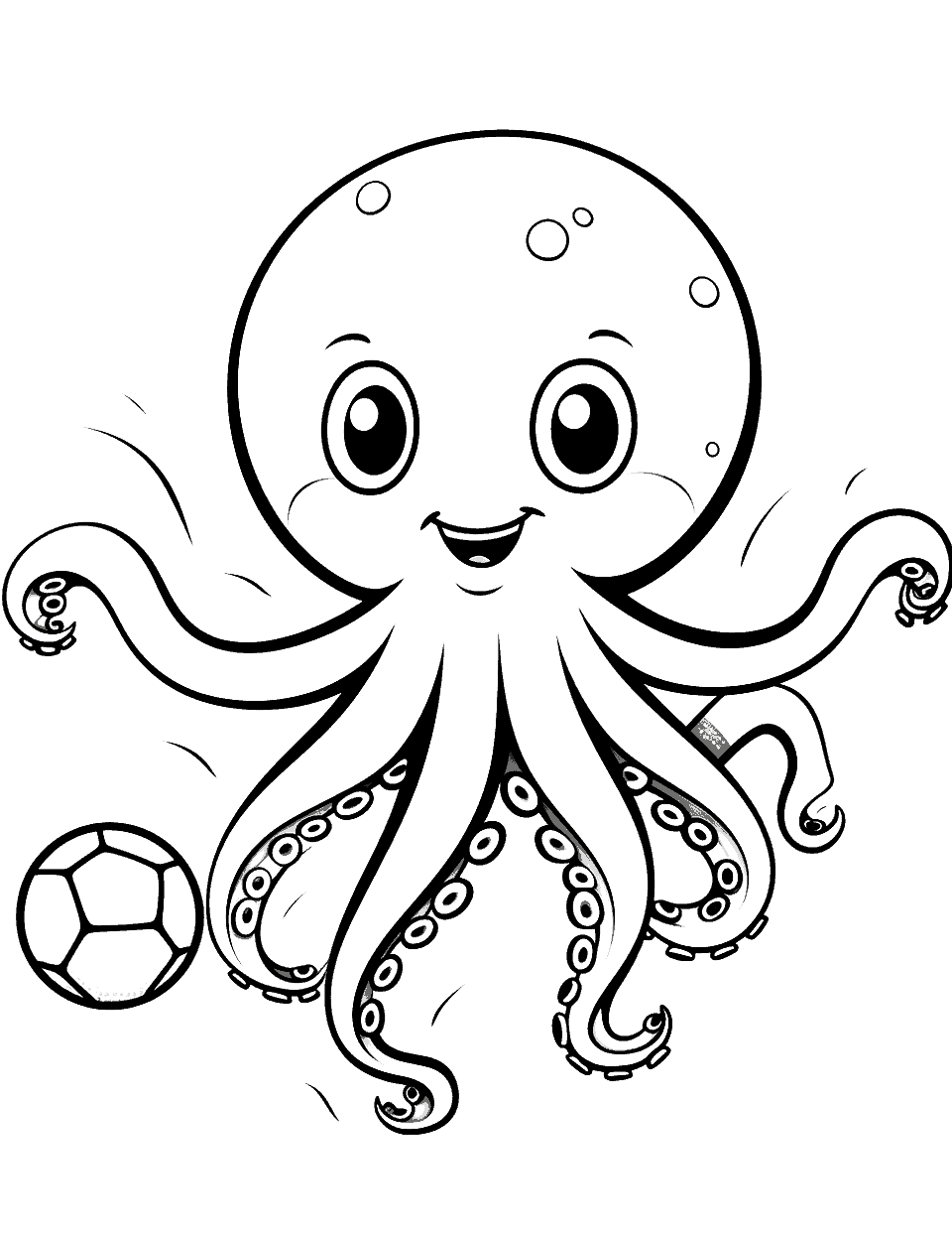 Octopus Playing Soccer Coloring Page - An octopus energetically playing soccer, kicking a ball.