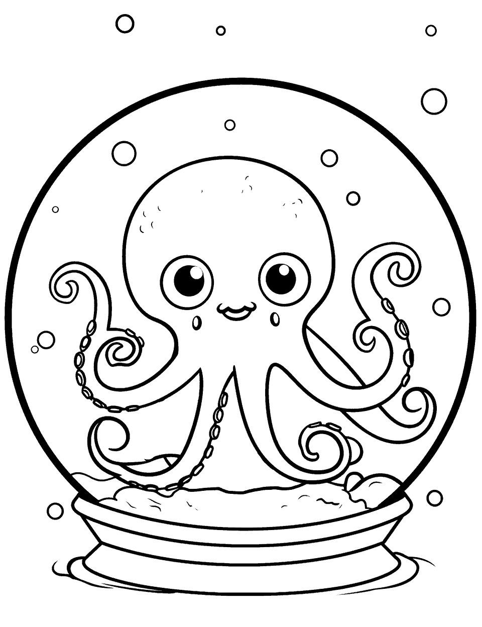 Octopus in a Snow Globe Coloring Page - A charming scene of an octopus inside a snow globe.