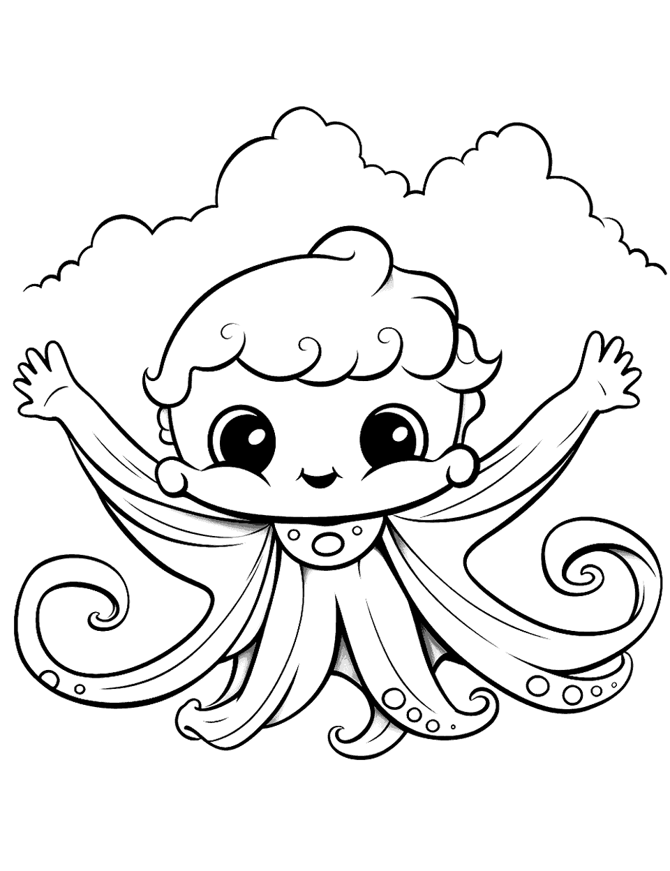 Superhero Octopus Saving the Day Coloring Page - An octopus dressed as a superhero, flying through the sky.