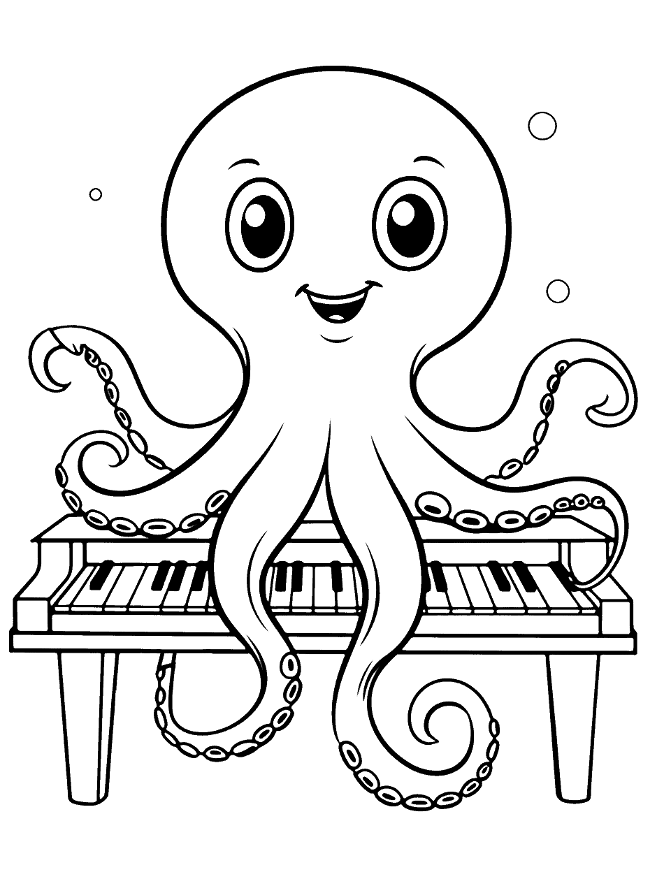 Octopus and the Piano Coloring Page - An octopus with a grand piano ready to perform a musical.