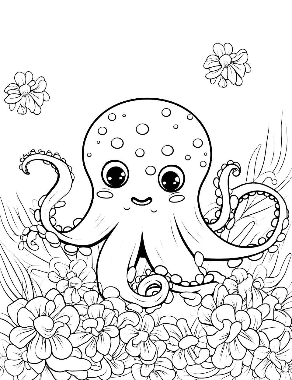 Octopus and Its Sea Anemone Home Coloring Page - An octopus peeking out from its cozy sea anemone home.