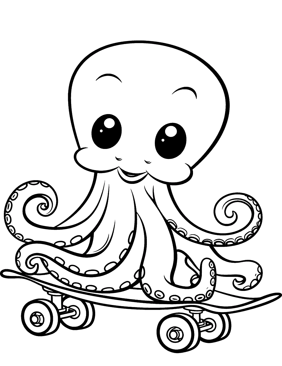 Octopus on a Skateboard Coloring Page - A cool octopus skillfully riding a skateboard.