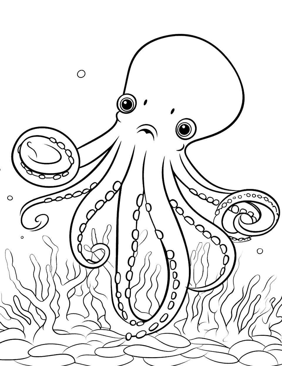 Octopus on Coral Coloring Page - A stunning octopus sitting atop a piece of coral.