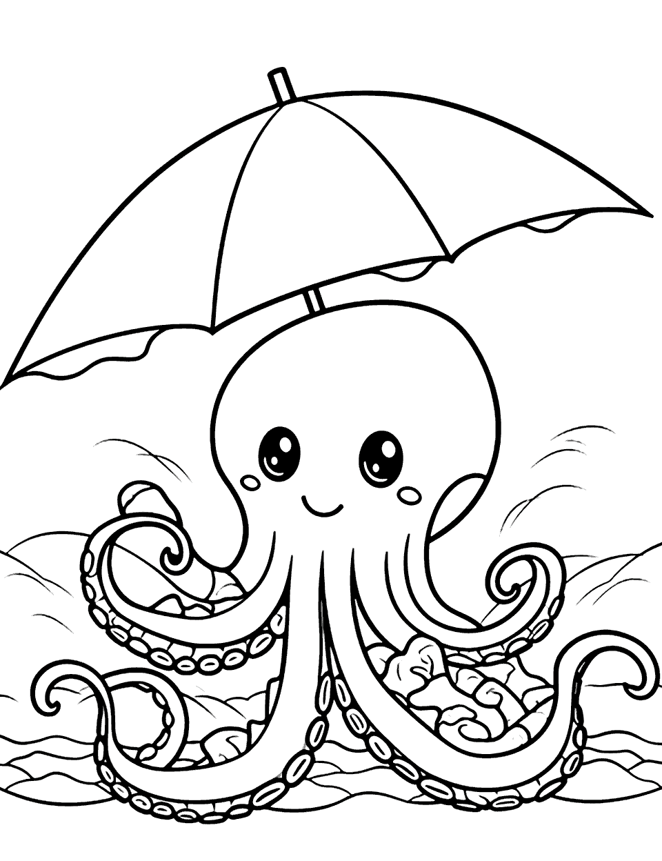 Beach Day for Octopus Coloring Page - A cheerful octopus sitting under an umbrella on the beach.