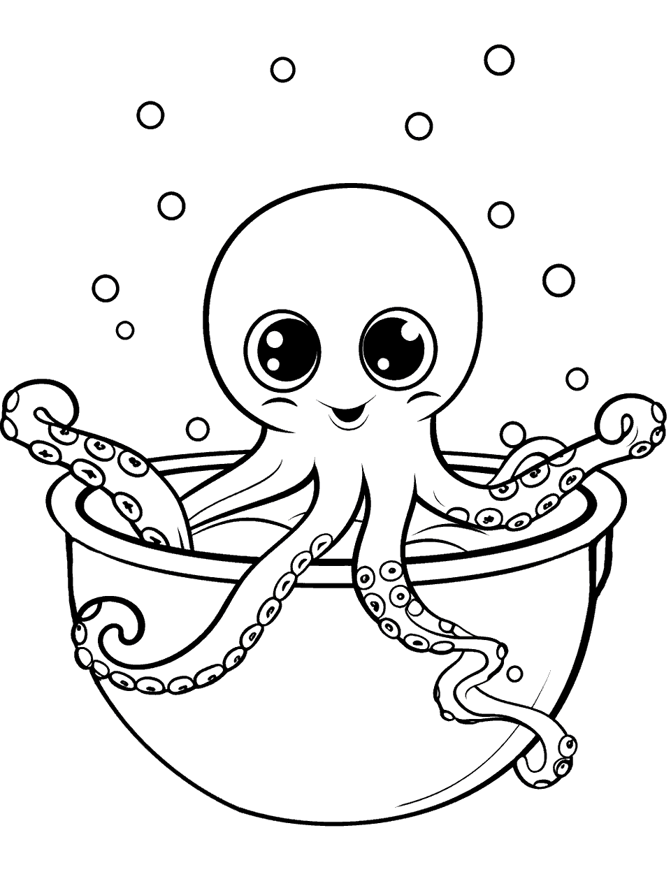 Octopus in a Bubble Bath Coloring Page - An octopus enjoying a relaxing bubble bath in a large tub.