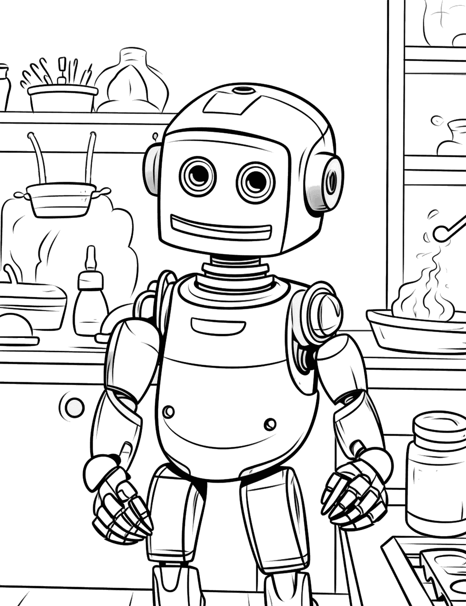 Friendly Robot Chef Cooking Coloring Page - A robot cooking a meal in the kitchen.