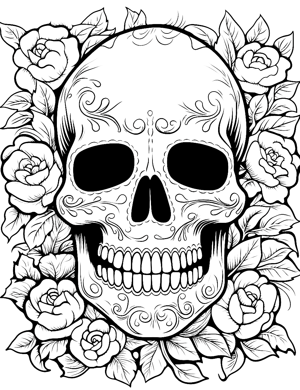 Skull Surrounded by Roses Coloring Page - A ring of roses and leaves packs every edge of this sheet, so the border takes as long as the skull does. Fine swirls run across the brow and cheekbones while the eye sockets stay solid black, which gives you a strong contrast to work around. Try deep reds on the blooms and two or three greens on the leaves so the frame does not flatten into one color. The line work is thin in places, so colored pencils hold the edges better than fat markers.