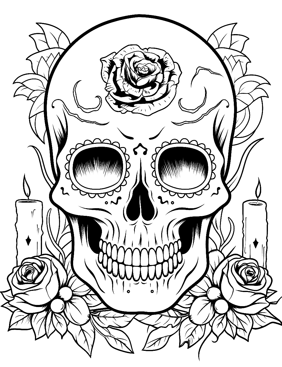 Dia de los Muertos Altar Coloring Page - A skull as part of an altar setup, with candles.