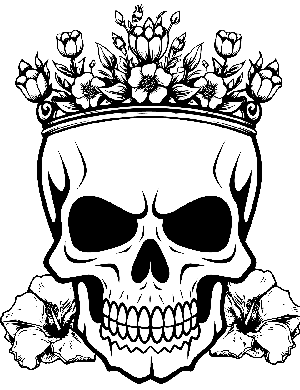Skull with Flower Crown Coloring Page - A serene skull wearing a crown made of various flowers.