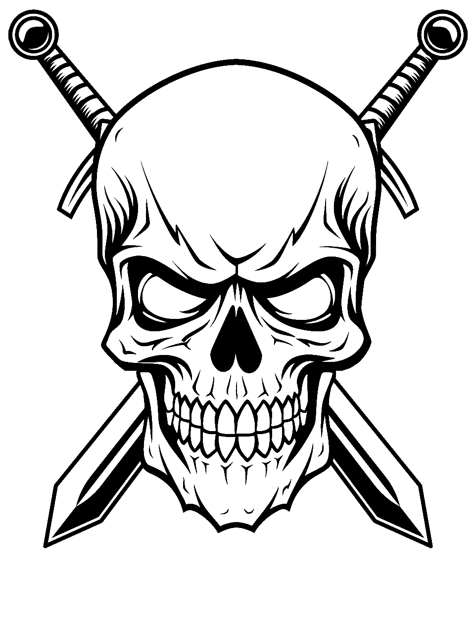 Pirate Skull and Crossbones Coloring Page - A classic pirate skull with crossed swords.