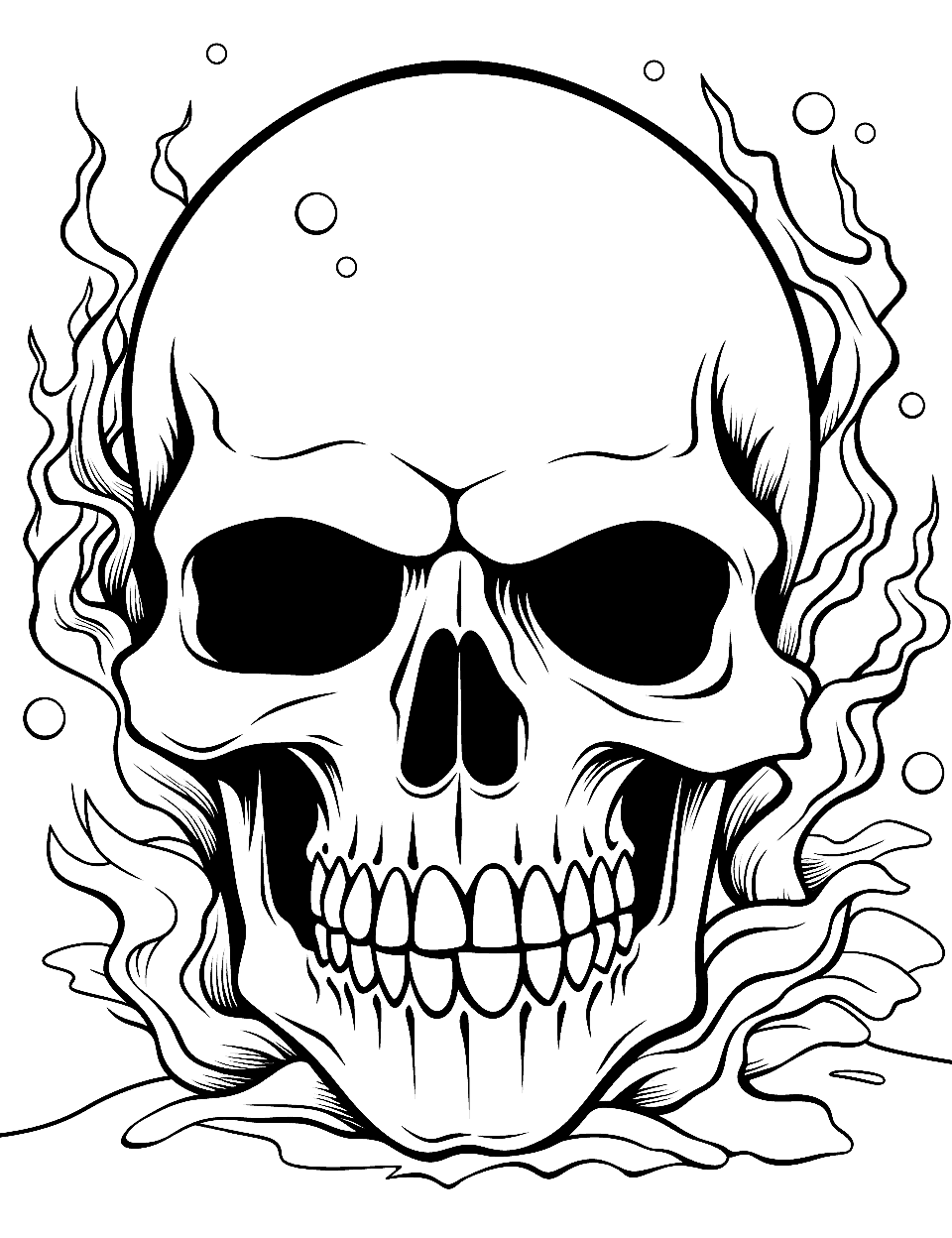 Underwater Skull Coloring Page - A skull submerged among coral reefs.