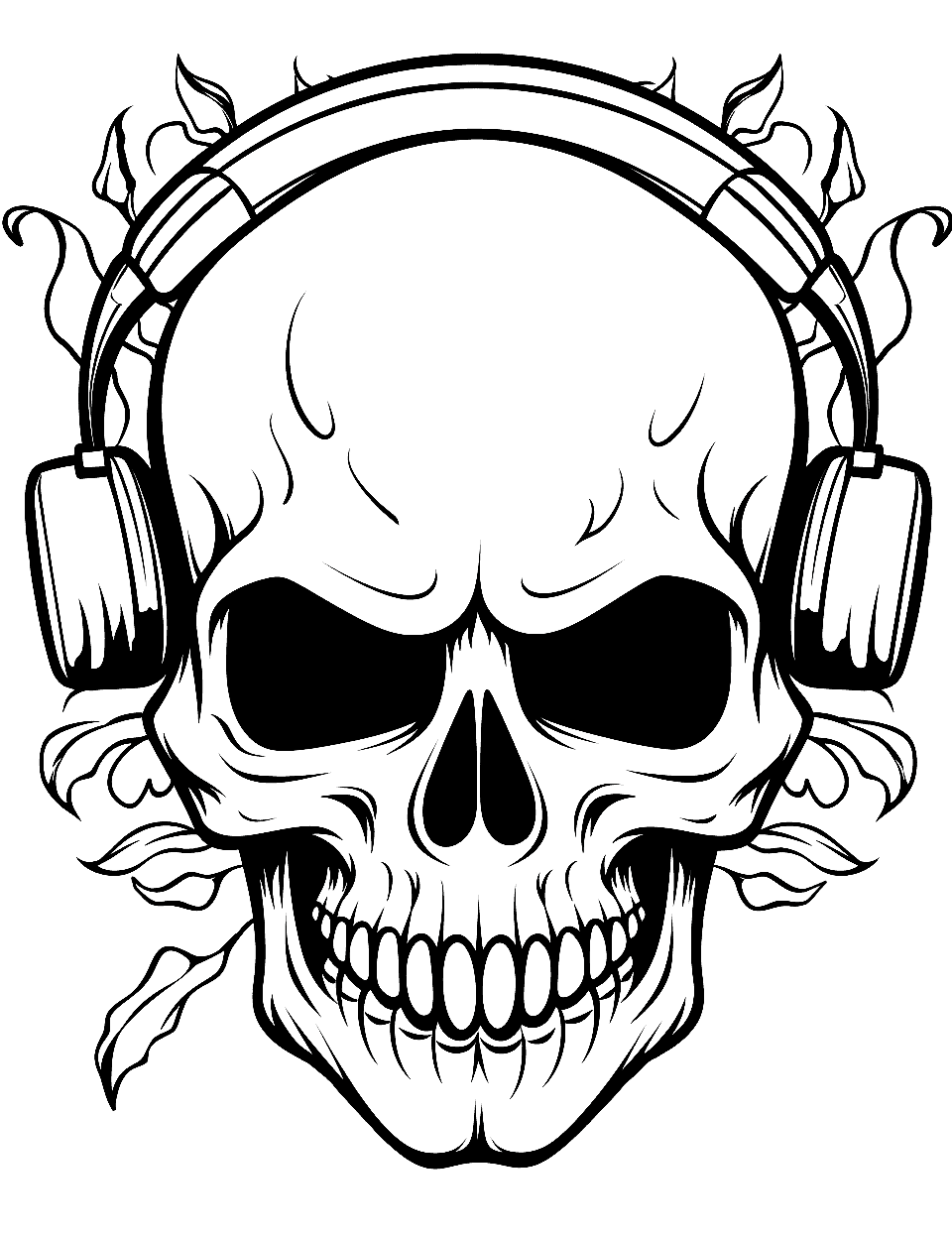 Music Lover Skull Coloring Page - A skull with headphones.