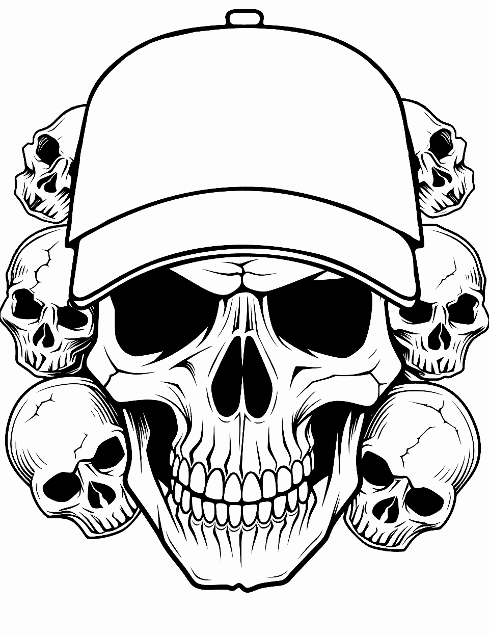Sports Fanatic Skull Coloring Page - A skull wearing a baseball cap, surrounded by various smaller skulls.