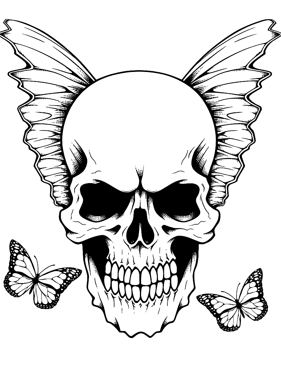 Skull with Butterfly Wings Coloring Page - A skull with delicate butterfly wings attached to the sides.