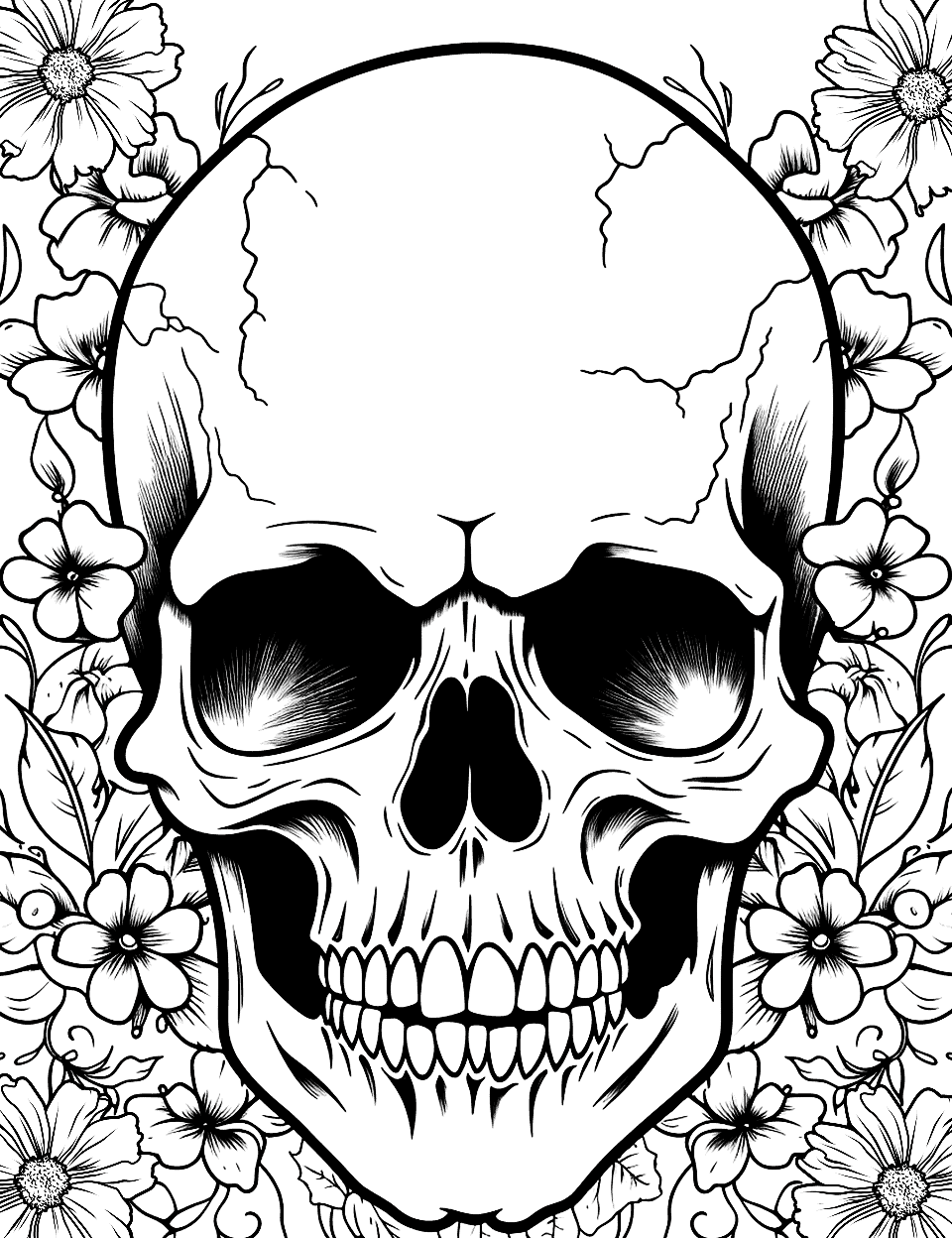 Garden Guardian Skull Coloring Page - A skull sitting with plants and flowers in a lush garden.