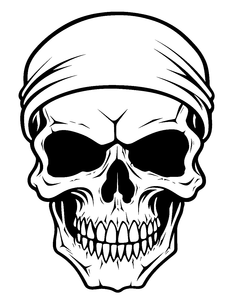 Pirate Skull Coloring Page - A bandana is tied across the top of this skull and knotted at the side, leaving a grim face and a full row of pointed teeth below. The outlines are thick and the shapes are large, which makes it a fast win for a child who gets frustrated by small spaces. A red or striped bandana over pale bone is the classic look. Pair it with the crossed swords sheet further down if you are building a pirate theme.