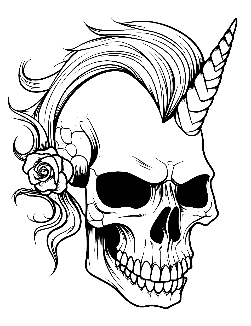 Mythical Unicorn Skull Coloring Page - A skull with a single, spiraling horn, inspired by unicorns.