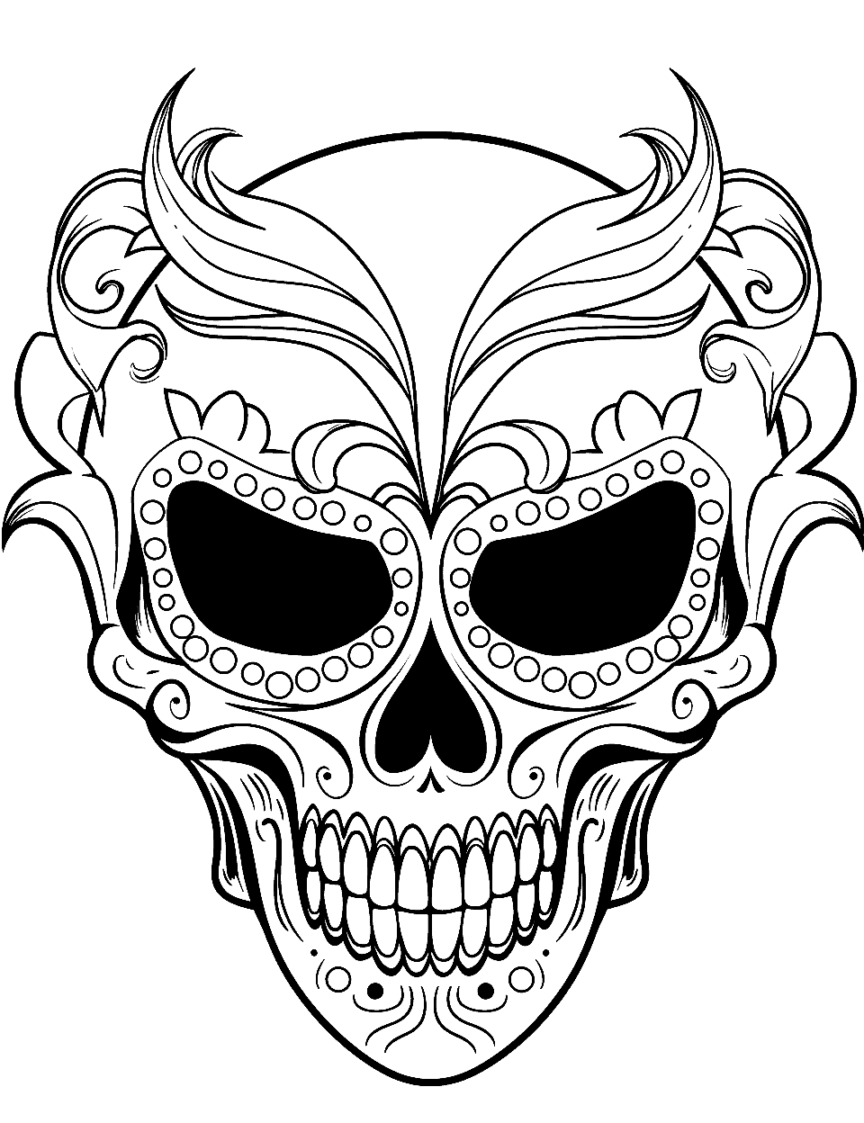 Mysterious Masquerade Skull Coloring Page - A skull wearing an elaborate masquerade mask.