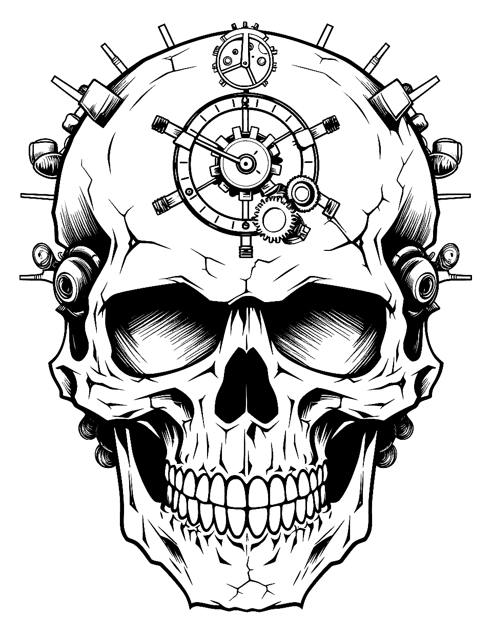 Vintage Clockwork Skull Coloring Page - A skull with visible clock gears and parts reminiscent of steampunk.