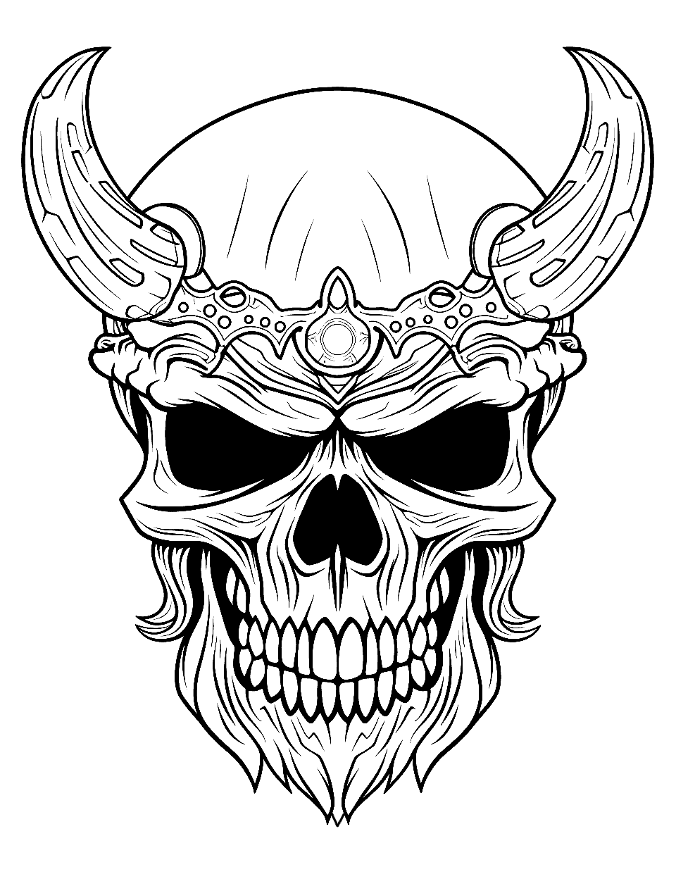Viking Warrior Skull Coloring Page - A skull wearing a Viking crown, evoking Norse mythology.
