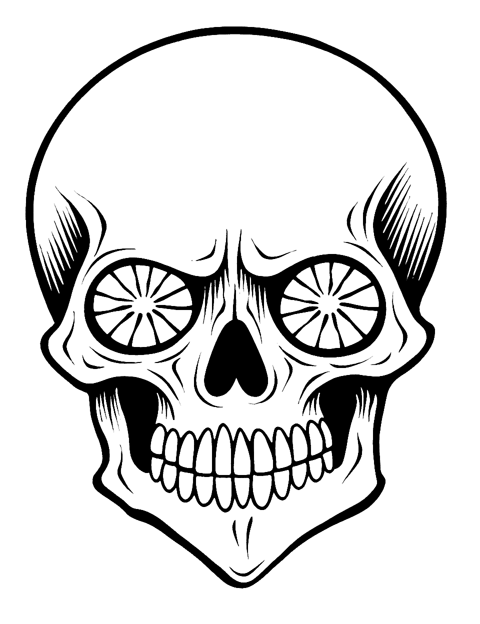 Easy Peasy Lemon Squeezy Coloring Page - A simple skull with a lemon slice as eyes, aimed at beginners.