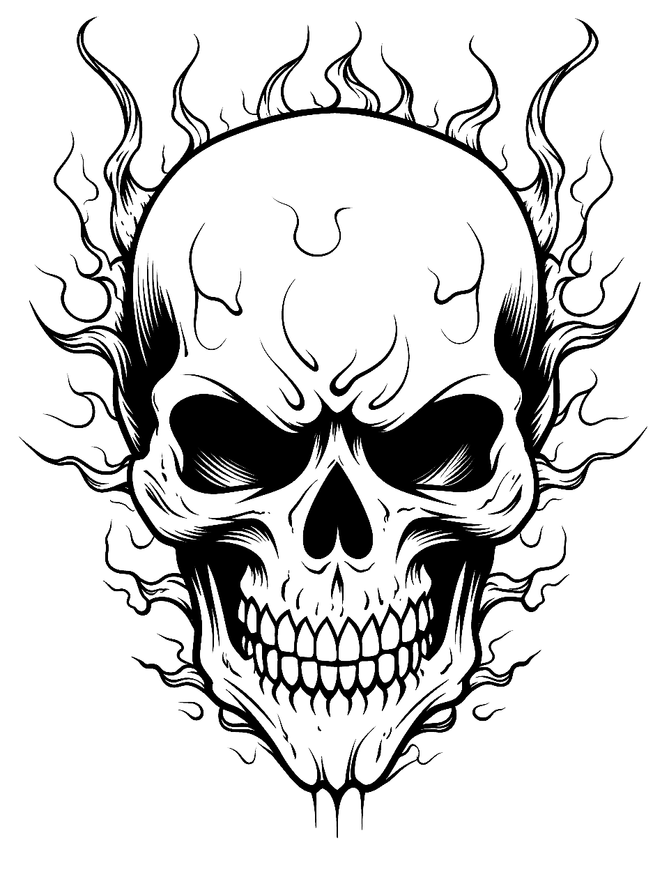Fiery Skull Coloring Page - Flames curl up and out from behind this skull on every side, framing it like a halo. The eye sockets are deep black wedges and the jaw tapers to a point, so the face already reads as angry before a single color goes down. Layer yellow into orange into red from the center of each flame outward for the standard fire gradient. It is one of the more advanced sheets because of the number of separate flame tips.