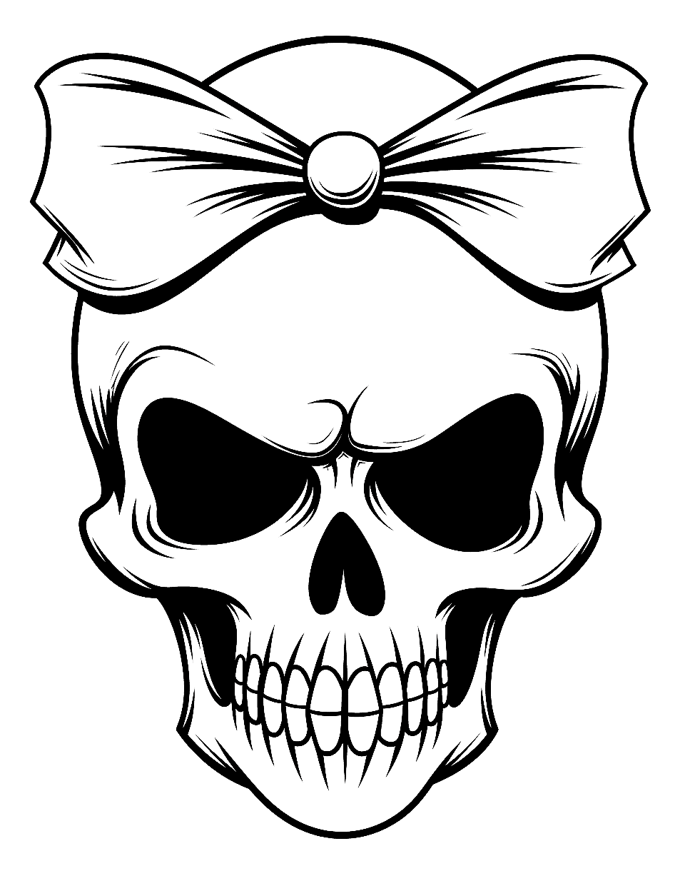 Cute Skull with Bow Coloring Page - A charming skull adorned with a cute bow on top.