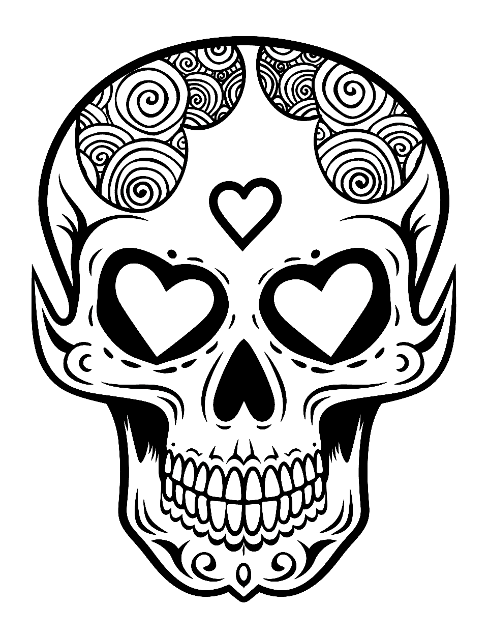Love Heart Skull Coloring Page - A skull with heart-shaped eye sockets and a heart on the forehead.