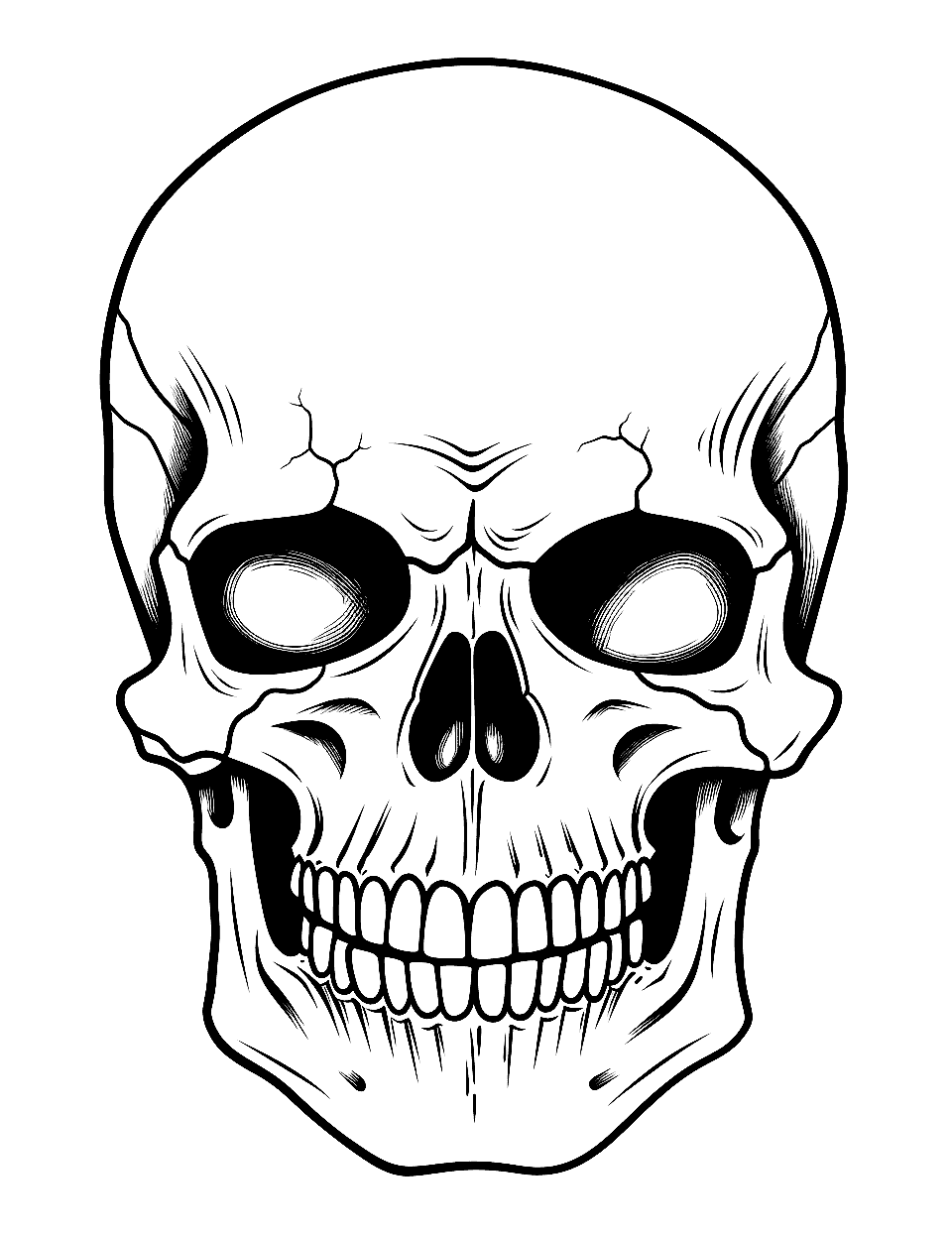 Anatomy Lesson Skull Coloring Page - This is the realistic one: a front-facing skull with hairline cracks running across the cranium and shading built into the eye sockets. There is no costume and no decoration, just bone, which makes it the sheet to use for a science lesson rather than a party. Cream and light gray with a wash of brown in the hollows reads far more convincingly than pure white. Older kids can label the jaw and cheekbones straight onto the paper.