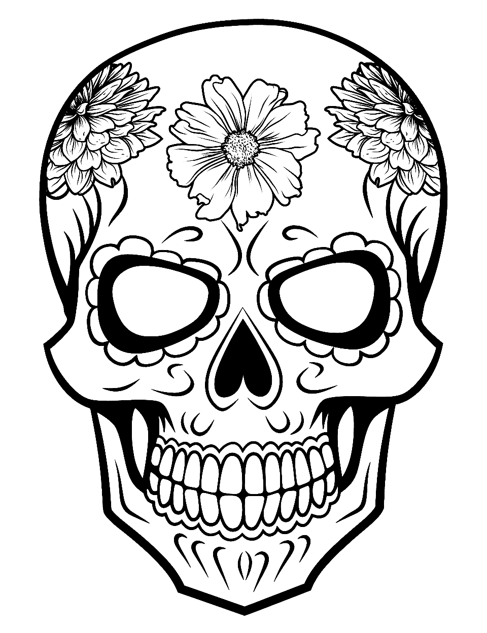 Colorful Sugar Skull Coloring Page - A brightly decorated sugar skull celebrating Dia de los Muertos.