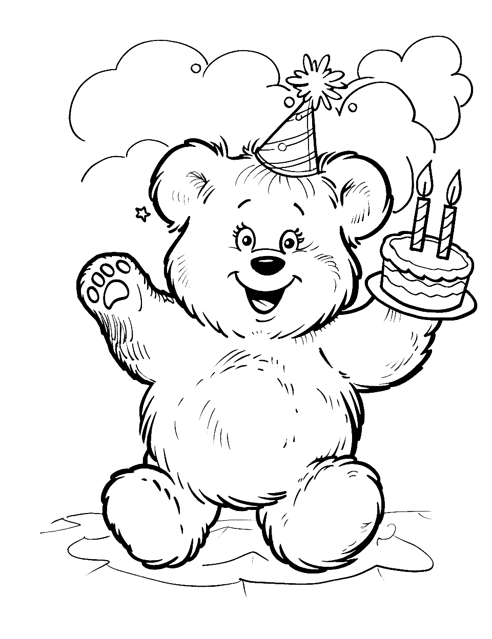 Birthday Party Teddy Bear Coloring Page - A teddy bear celebrating with a birthday cake and hats.