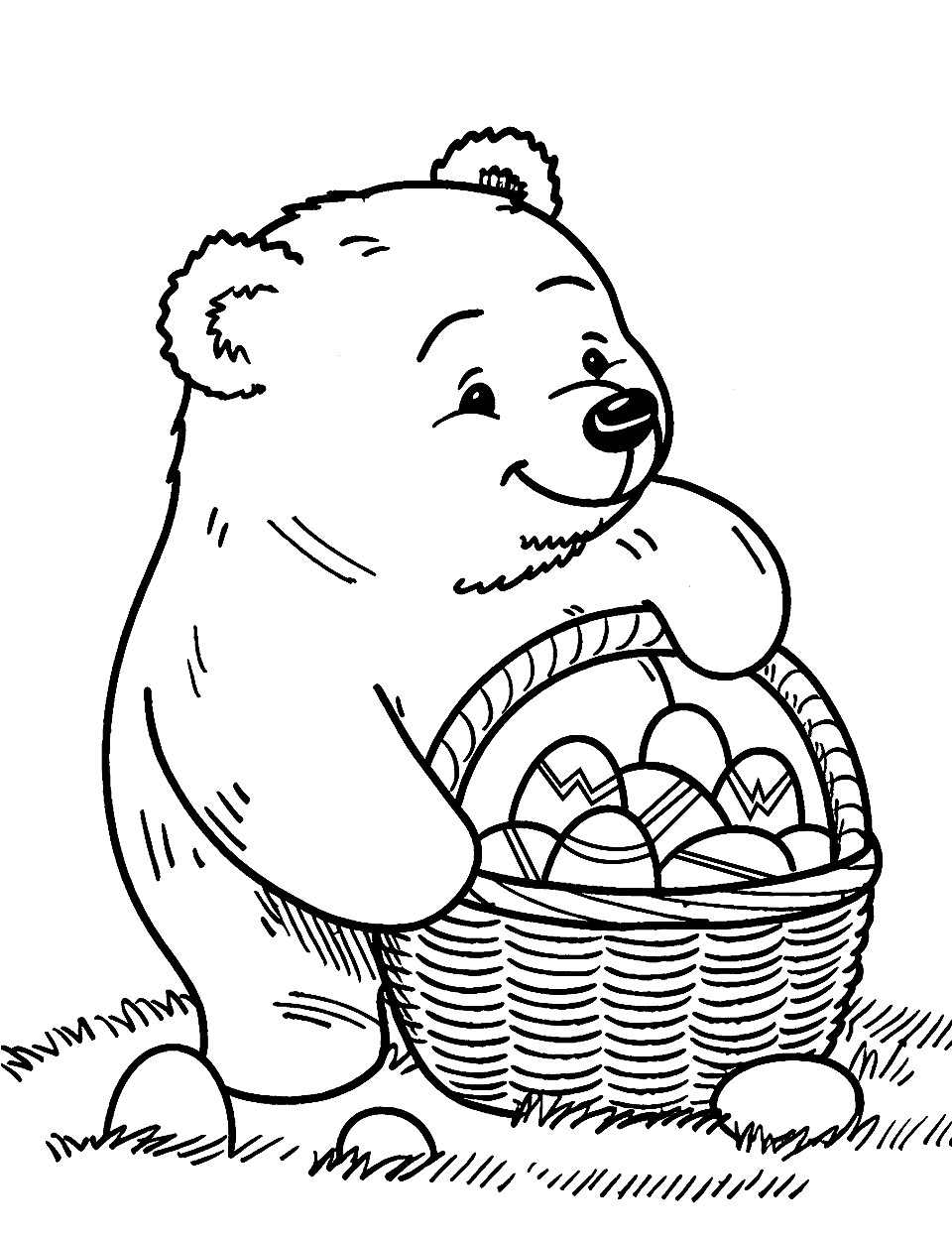 Easter Teddy Bear Egg Hunt Coloring Page - A teddy bear with a basket looking for Easter eggs.