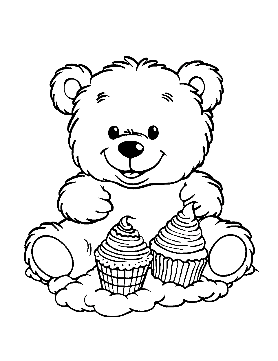 Cute Teddy Bear with Cupcakes Coloring Page - A teddy bear with cute little cupcakes.