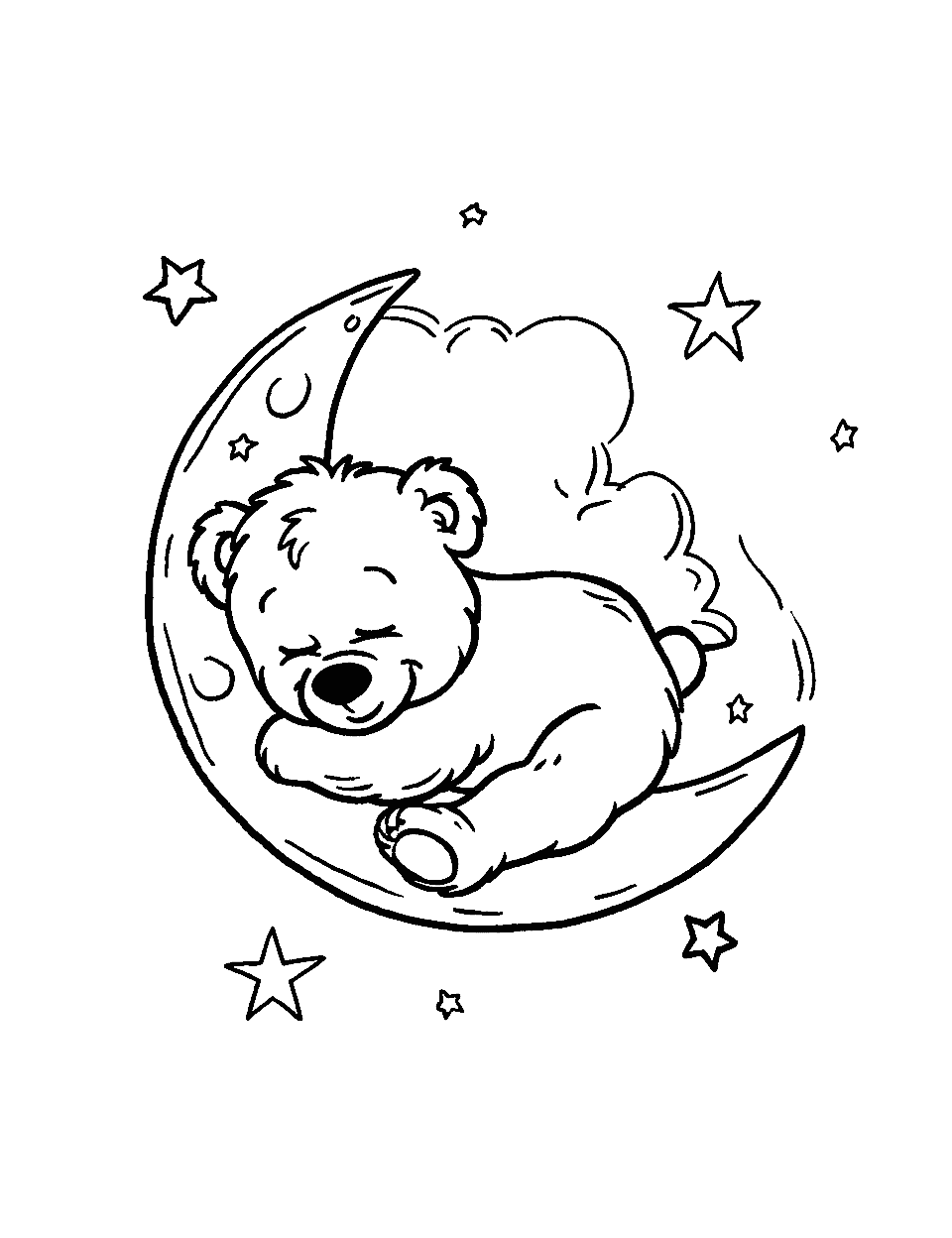Sleepy Teddy Bear Under the Stars Coloring Page - A teddy bear sleeping on a moon with stars around.