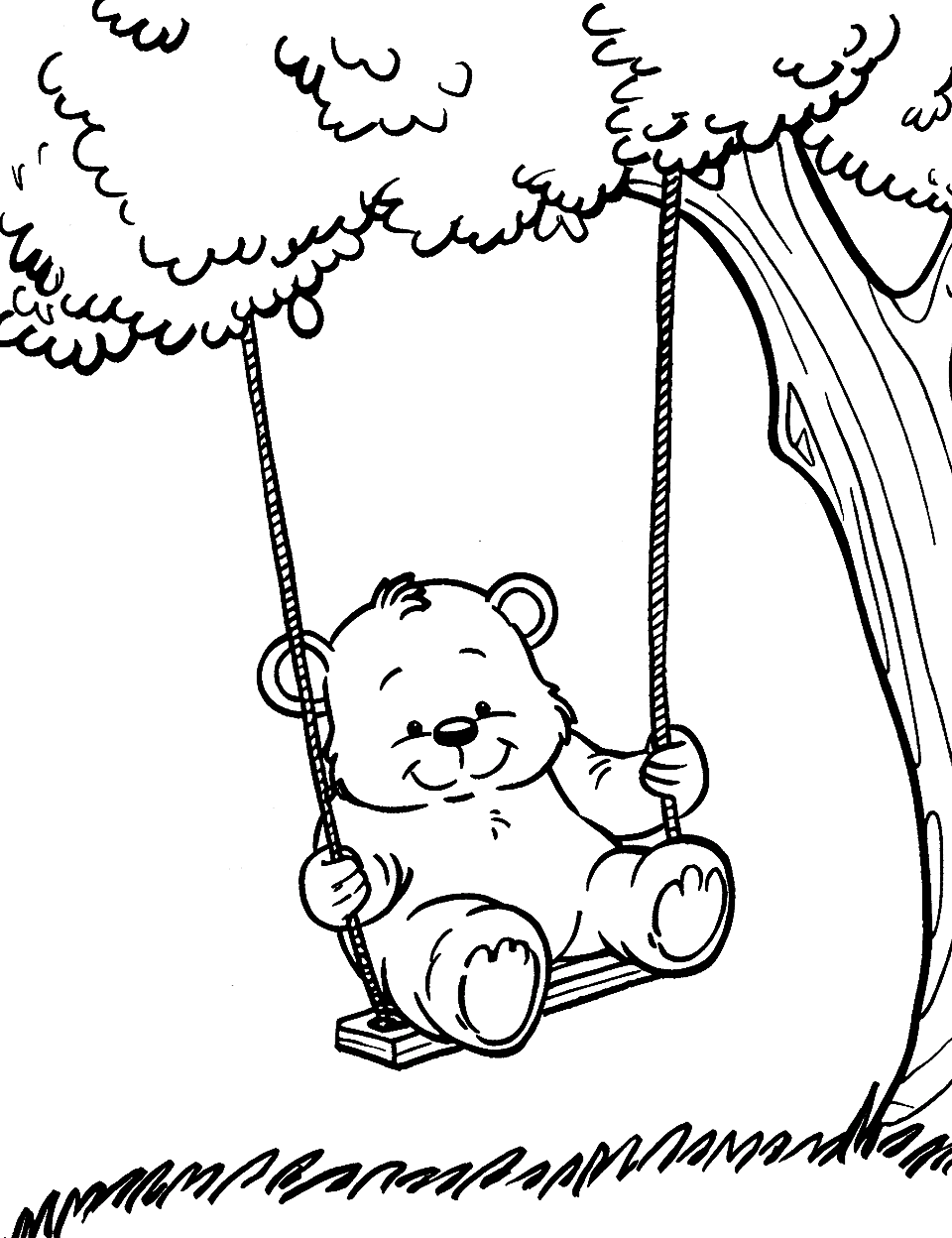 Fun Teddy Bear on a Swing Coloring Page - A teddy bear happily swinging under a tree.