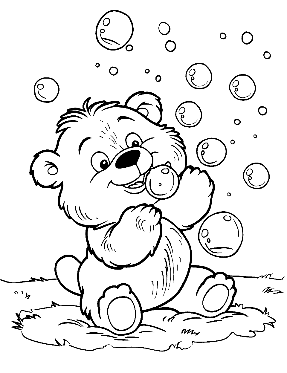Playful Teddy Bear with Bubbles Coloring Page - A teddy bear blowing and chasing soap bubbles.