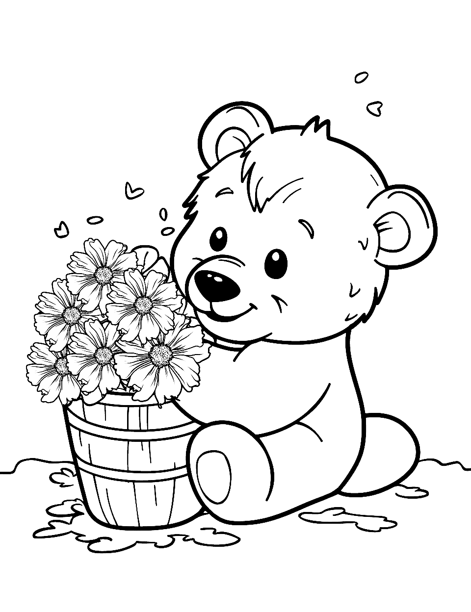 Gardening Teddy Bear Coloring Page - A teddy bear taking care of flowers.