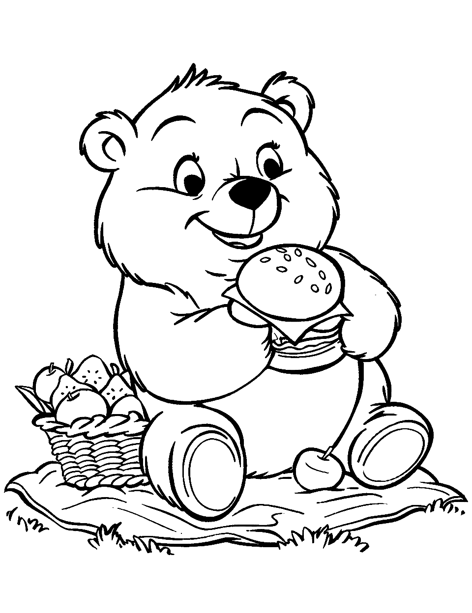 Picnic Teddy Bear Coloring Page - A teddy bear enjoying a picnic with yummy food.