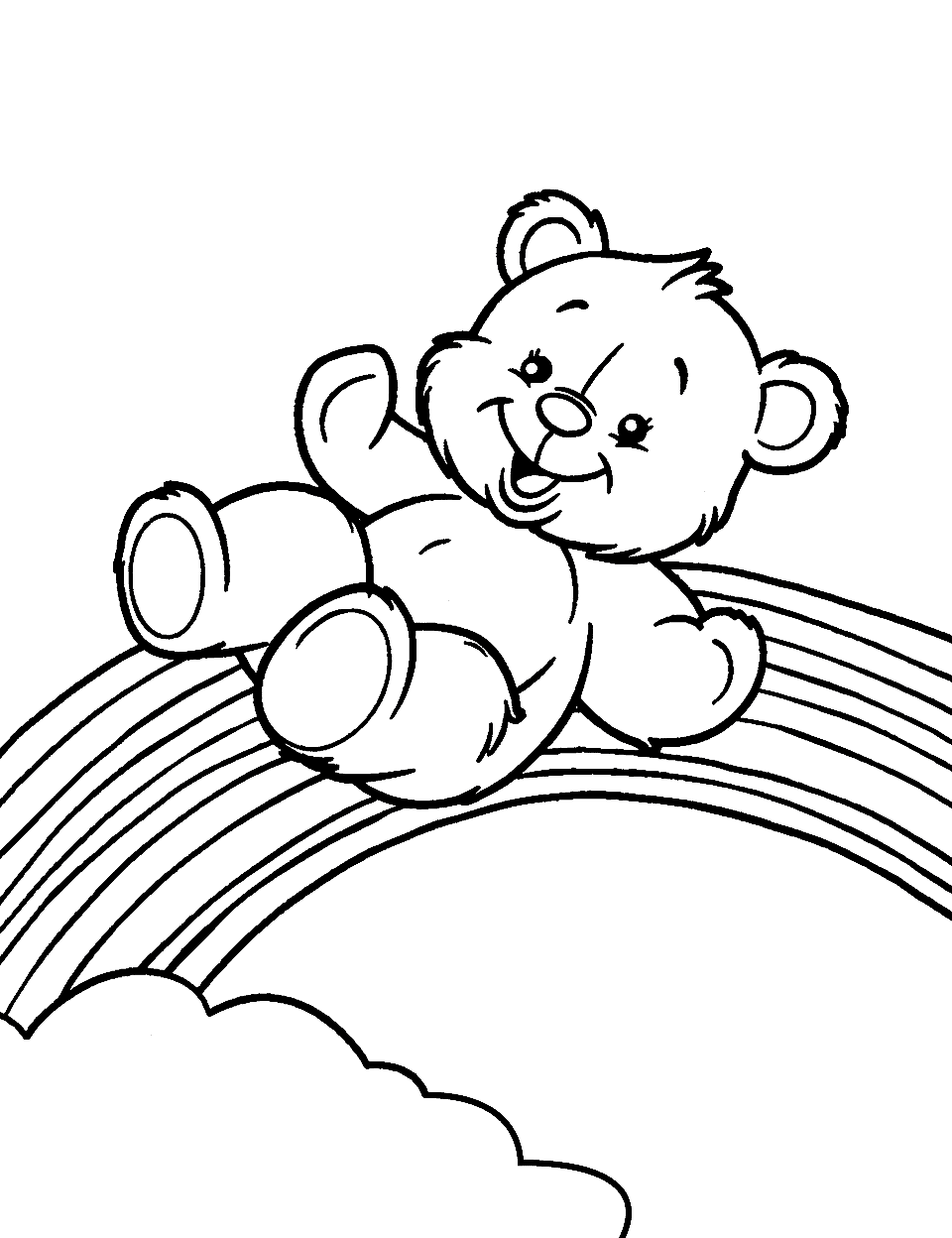 Teddy Bear and a Rainbow Coloring Page - A teddy bear sliding down a colorful rainbow.