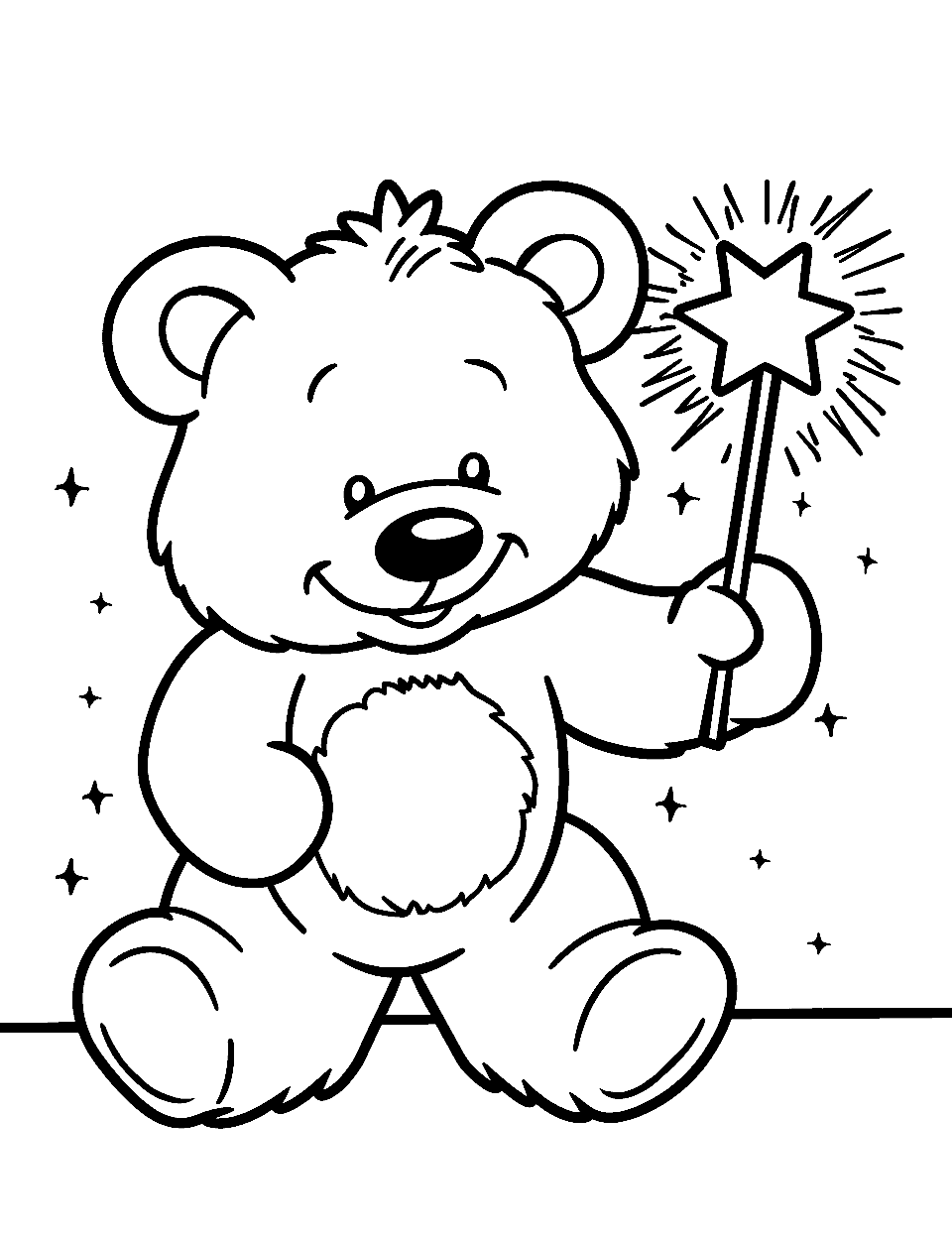 Teddy Bear with a Magic Wand Coloring Page - A teddy bear holding a magic wand with sparkles.